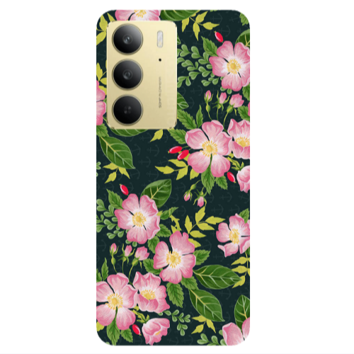 Realme C 75 Pink flowers green laves Transparent Silicone TPU Θήκη