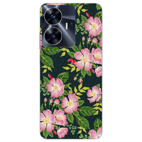 Realme Note 50 Pink flowers green laves Transparent Silicone TPU Θήκη