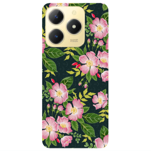 Realme C61 Pink flowers green laves Transparent Silicone TPU Θήκη
