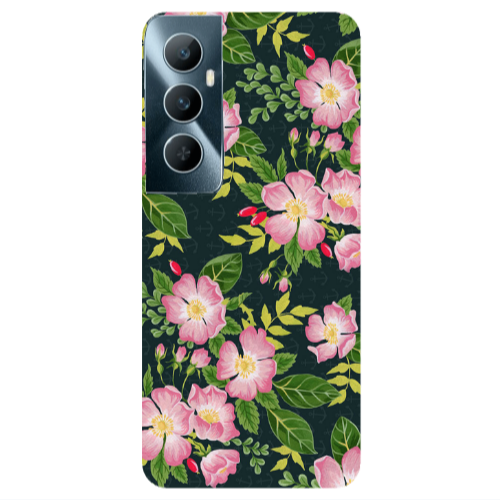 Realme C65 Pink flowers green laves Transparent Silicone TPU Θήκη