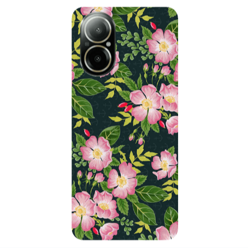 Realme C67 Pink flowers green laves Transparent Silicone TPU Θήκη