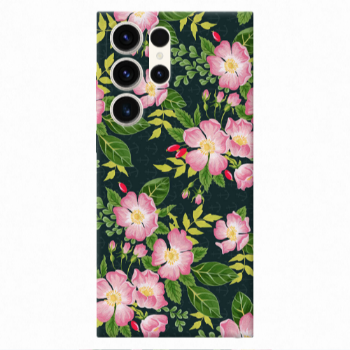 Samsung S25 Ultra Pink flowers green laves Transparent Silicone TPU Θήκη