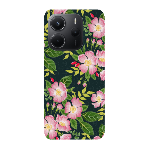 Xiaomi Redmi Note 14 Pink flowers green laves Transparent Silicone TPU Θήκη