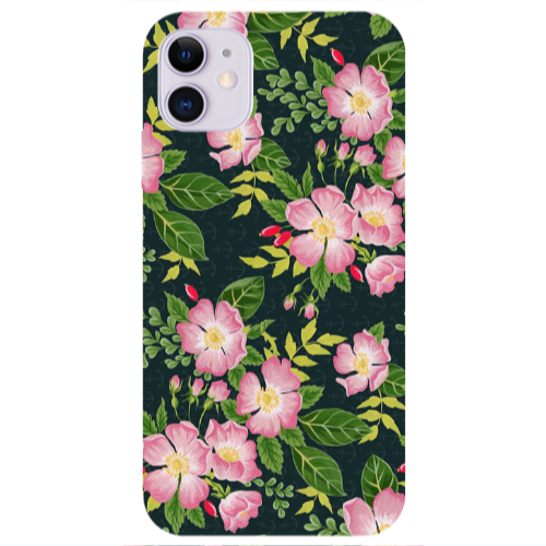 Apple iPhone 11  Pink flowers green laves Transparent Silicone TPU Θήκη