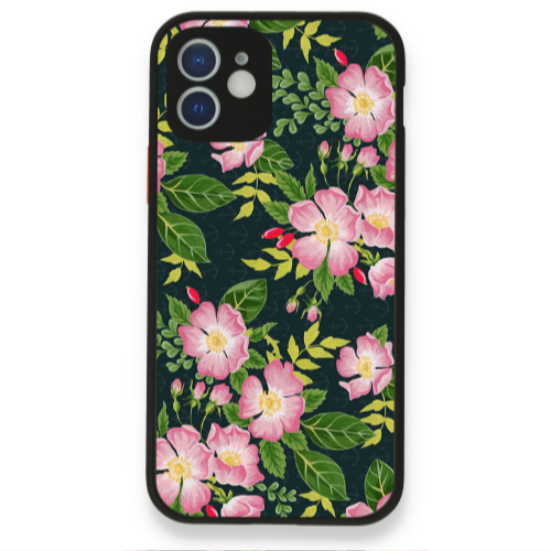 Apple iPhone 12 Pink flowers green laves Black Glossy Θήκη