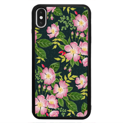 Apple iPhone X Pink flowers green laves Black Glossy Θήκη
