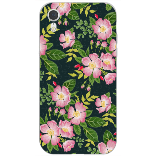 Apple iPhone Xr Pink flowers green laves Transparent Silicone TPU Θήκη
