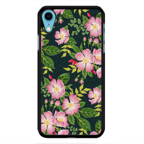Apple iPhone Xr Pink flowers green laves Black Glossy Θήκη