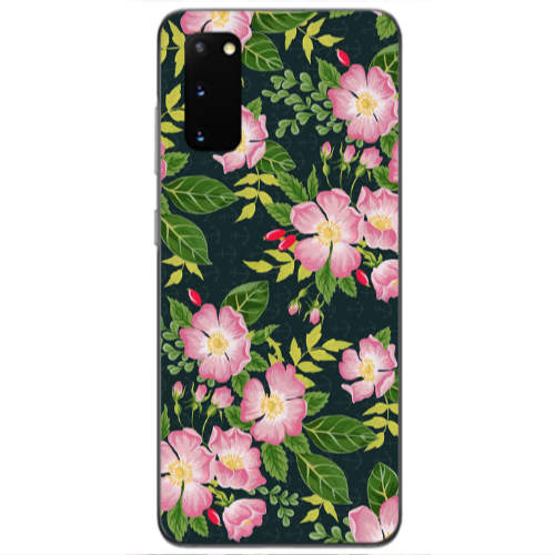 Samsung S20 Pink flowers green laves Transparent Silicone TPU Θήκη