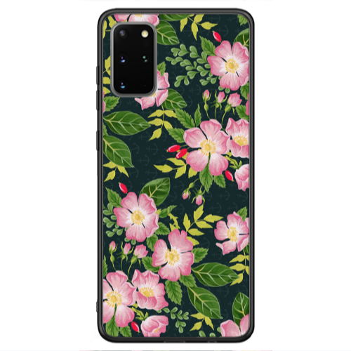 Samsung S20 FE Pink flowers green laves Black Glossy Θήκη
