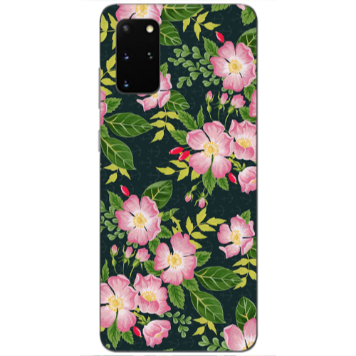 Samsung S20 Plus Pink flowers green laves Transparent Silicone TPU Θήκη