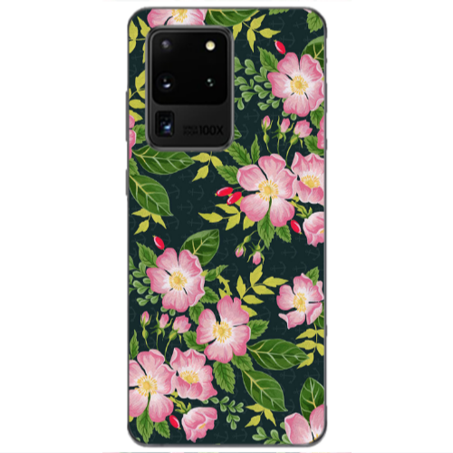 Samsung S20 Ultra Pink flowers green laves Transparent Silicone TPU Θήκη