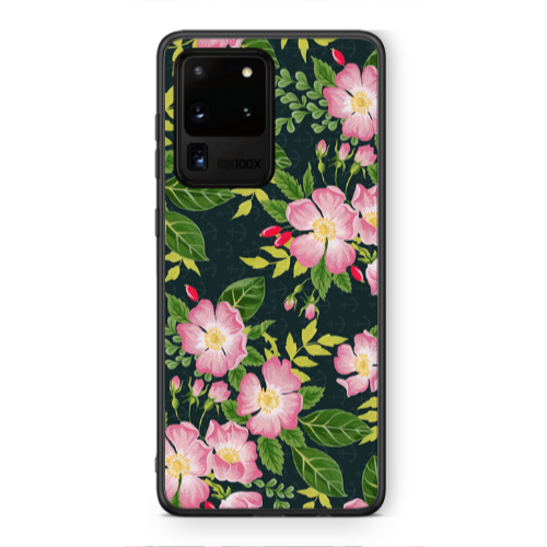 Samsung S20 Ultra Pink flowers green laves Black Glossy Θήκη