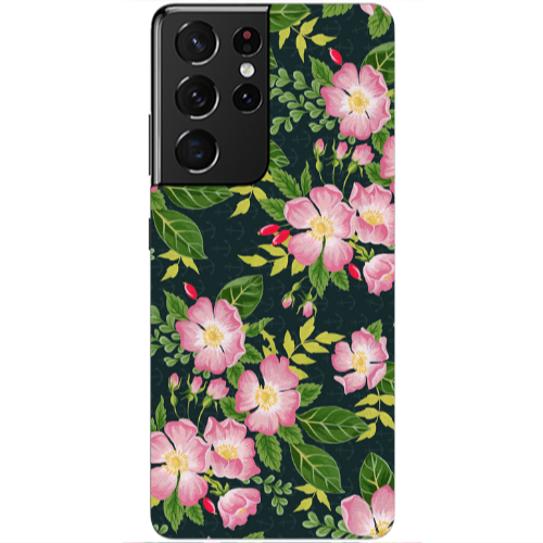 Samsung S21 Ultra Pink flowers green laves Transparent Silicone TPU Θήκη