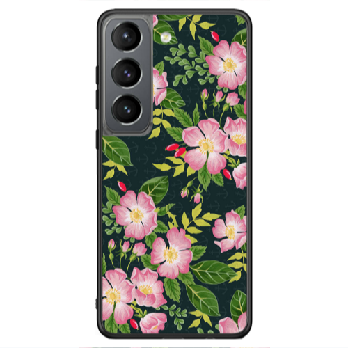 Samsung S21 Ultra Pink flowers green laves Black Glossy Θήκη