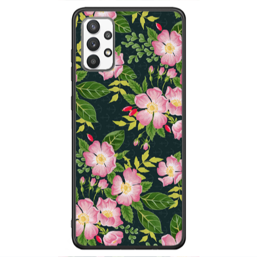 Samsung A13 4G Pink flowers green laves Black Glossy Θήκη