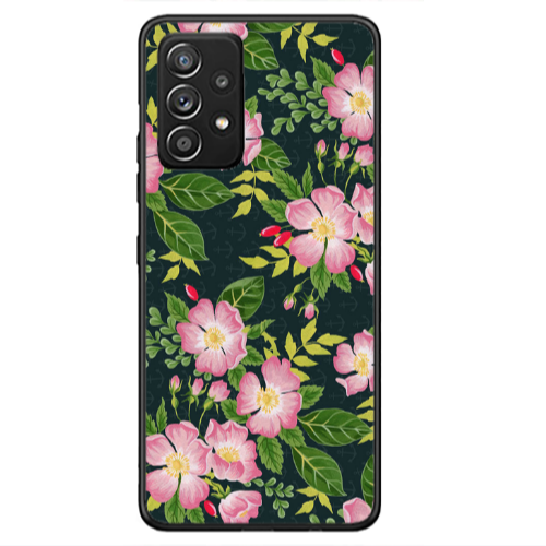 Samsung A53 Pink flowers green laves Black Glossy Θήκη