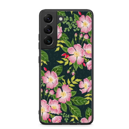 Samsung S22 Pink flowers green laves Black Glossy Θήκη
