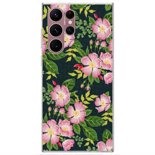 Samsung S22 Ultra Pink flowers green laves Transparent Silicone TPU Θήκη