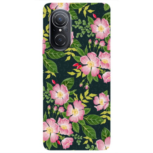 Huawei Nova 9 SE Pink flowers green laves Transparent Silicone TPU Θήκη