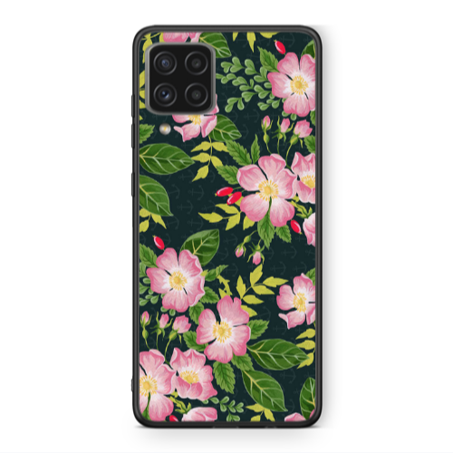 Samsung A22 4G Pink flowers green laves Black Glossy Θήκη