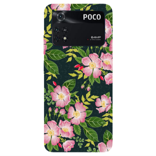 Xiaomi Poco M4 Pro 4G Pink flowers green laves Transparent Silicone TPU Θήκη