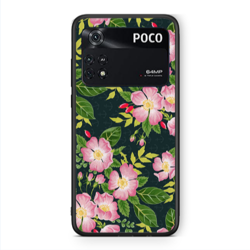 Xiaomi Poco M4 Pro 4G Pink flowers green laves Black Glossy Θήκη