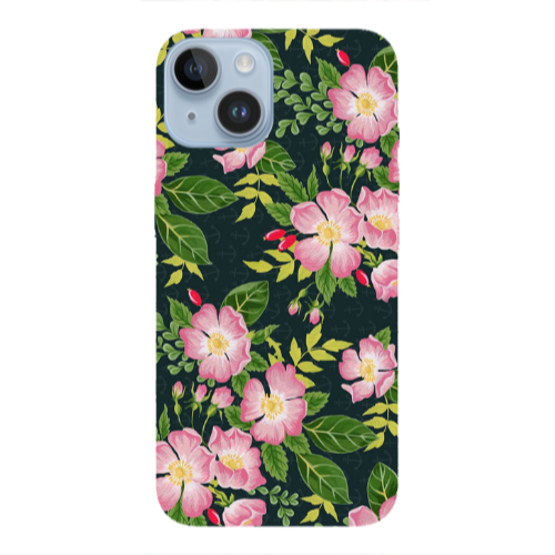 Apple iPhone 14 Plus Pink flowers green laves Transparent Silicone TPU Θήκη