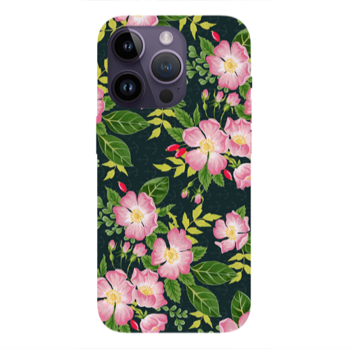 Apple iPhone 14 Pro  Pink flowers green laves Transparent Silicone TPU Θήκη
