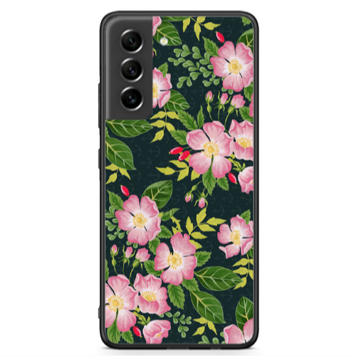 Samsung S21 FE Pink flowers green laves Black Glossy Θήκη