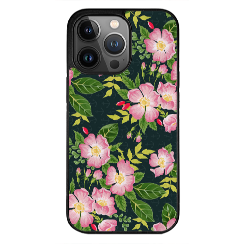 Apple iPhone 13 Pro Pink flowers green laves Black Glossy Θήκη