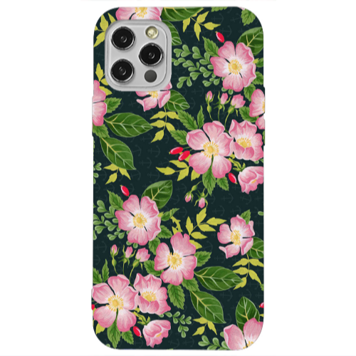 Apple iPhone 12 Pro Pink flowers green laves Transparent Silicone TPU Θήκη