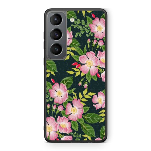 Samsung S21 PLUS Pink flowers green laves Black Glossy Θήκη