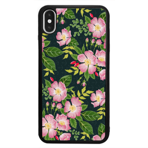 Apple iPhone Xs Max Pink flowers green laves Black Glossy Θήκη