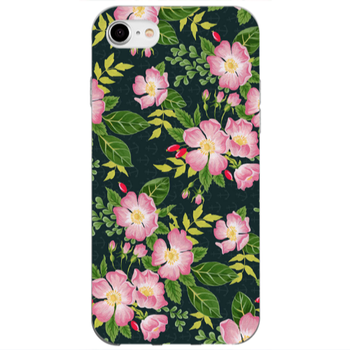 Apple iPhone 7 Pink flowers green laves Transparent Silicone TPU Θήκη