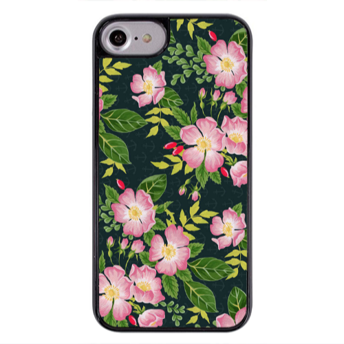 Apple iPhone 7 Pink flowers green laves Black Glossy Θήκη