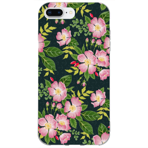 Apple iPhone 7 Plus Pink flowers green laves Transparent Silicone TPU Θήκη