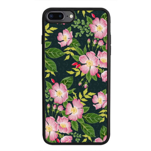 Apple iPhone 7 Plus Pink flowers green laves Black Glossy Θήκη