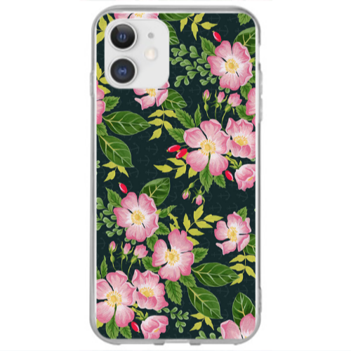 Apple iPhone 12 Mini Pink flowers green laves Transparent Silicone TPU Θήκη