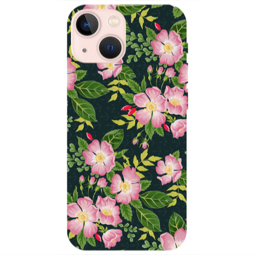 Apple iPhone 13 Mini Pink flowers green laves Transparent Silicone TPU Θήκη