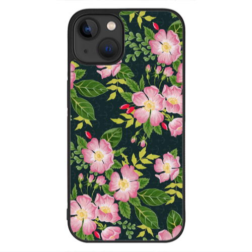 Apple iPhone 13 Mini Pink flowers green laves Black Glossy Θήκη