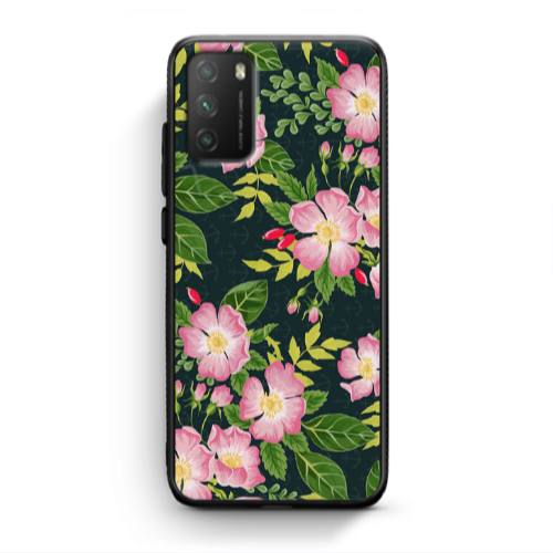 Xiaomi Poco M3 Pink flowers green laves Black Glossy Θήκη