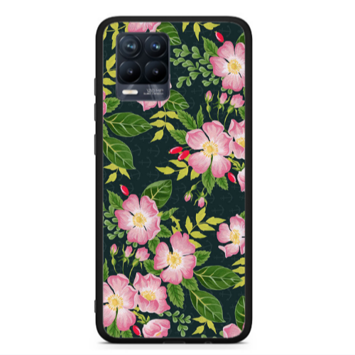 Realme 8  Pink flowers green laves Black Glossy Θήκη
