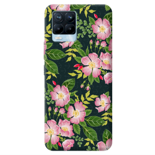 Realme 8 Pro Pink flowers green laves Transparent Silicone TPU Θήκη