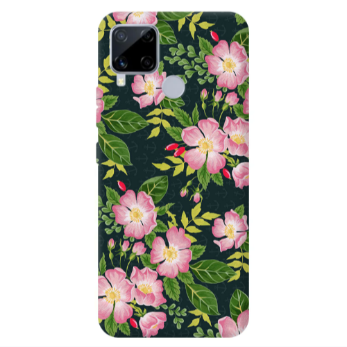 Realme C25S Pink flowers green laves Transparent Silicone TPU Θήκη