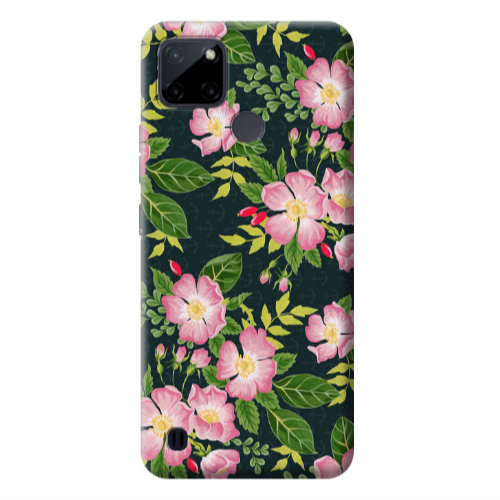 Realme C25Y Pink flowers green laves Transparent Silicone TPU Θήκη