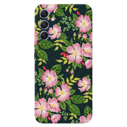 Samsung A34 Pink flowers green laves Transparent Silicone TPU Θήκη