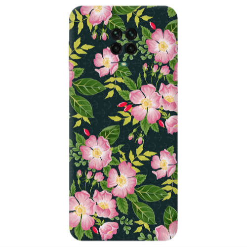 Xiaomi Redmi Note 9S Pink flowers green laves Transparent Silicone TPU Θήκη