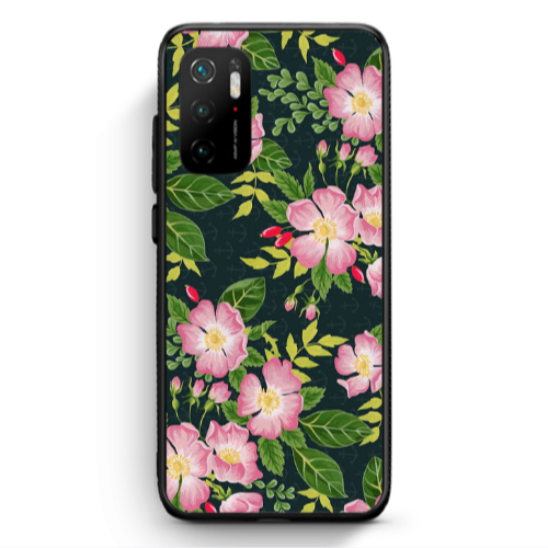 Xiaomi Poco M3 Pro Pink flowers green laves Black Glossy Θήκη