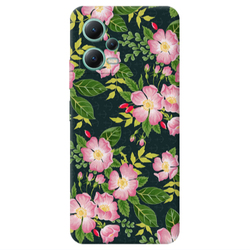 Xiaomi Redmi Note 12 Pro 5G Pink flowers green laves Transparent Silicone TPU Θήκη